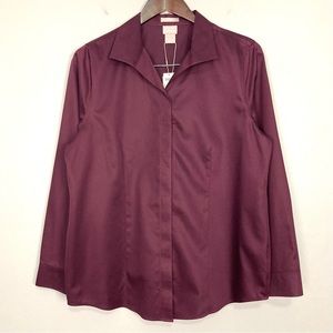 Chico’s No-Iron Sateen Wing-Collar Shirt Women’s Sz M Button Front Sweet Shiraz